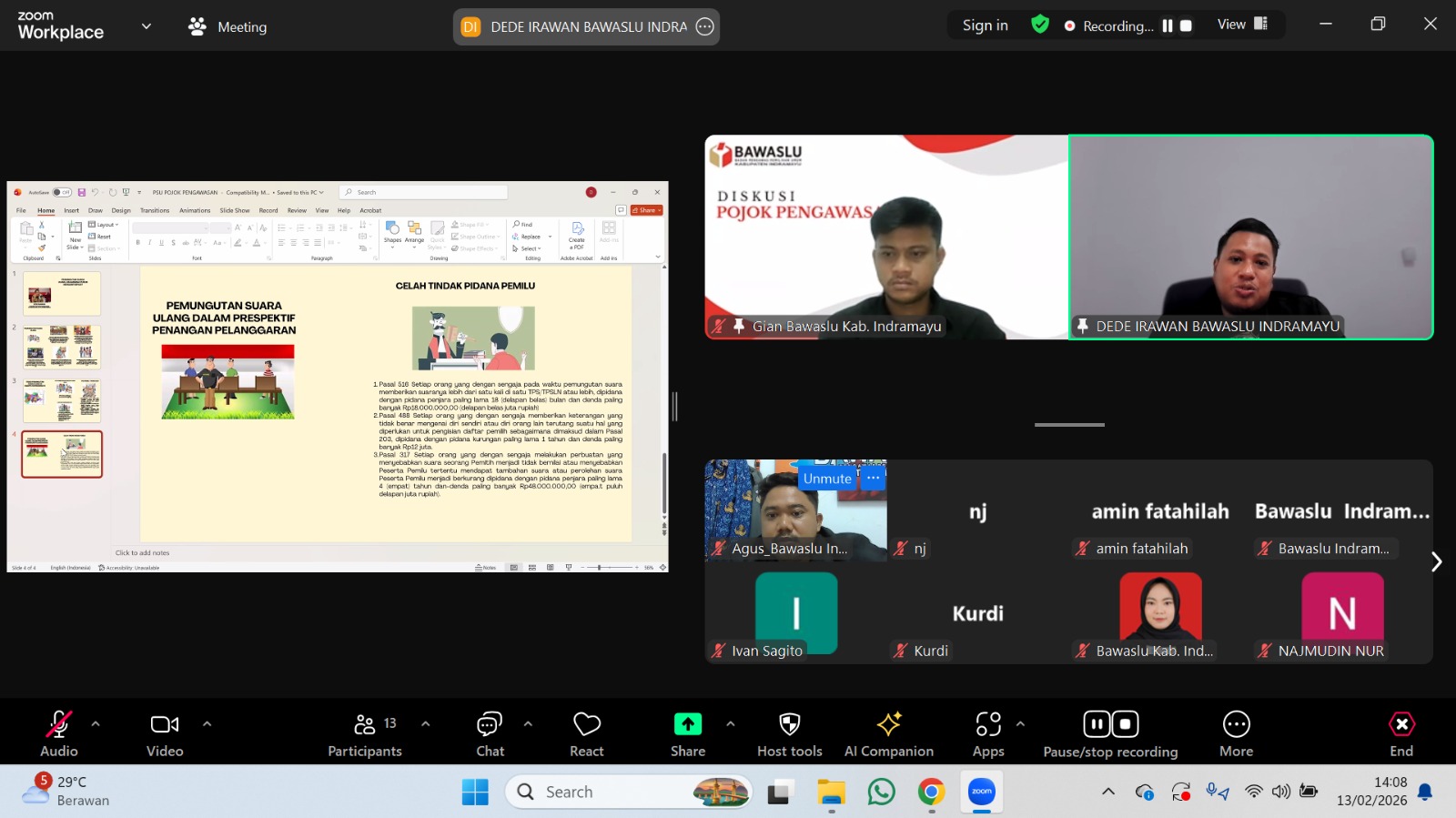 Diskusi Pojok Pengawasan secara daring melalui Zoom Meeting